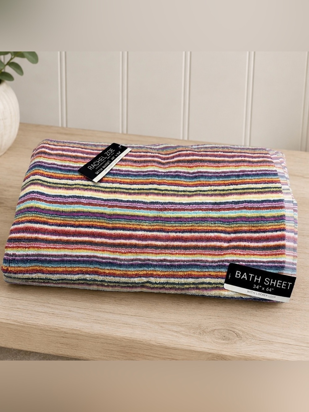 Rachel Zoe Rainbow Stripe Oversized Bath Towel Sheet Locker Loop Colorful 34x64